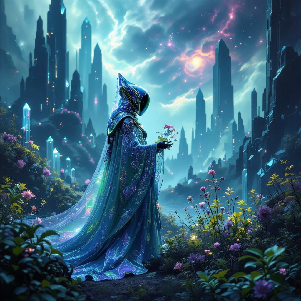 Alien Botanist Tending to Bioluminescent Flora