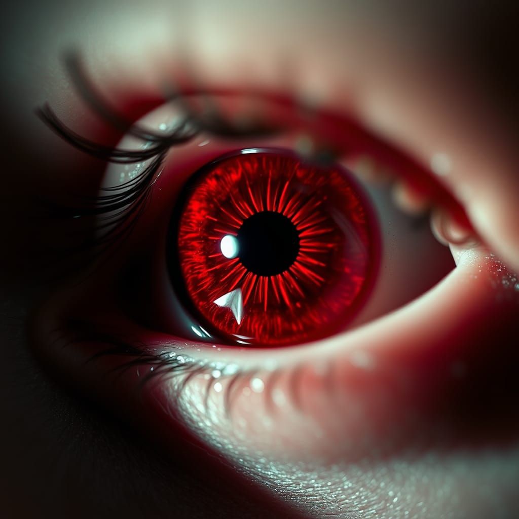 Magnified Ruby Eye in 80s Horror Style