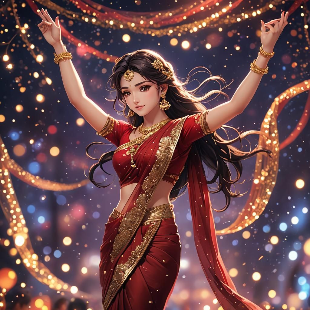 Anime Girl in Red Saree Dancing Under Stars