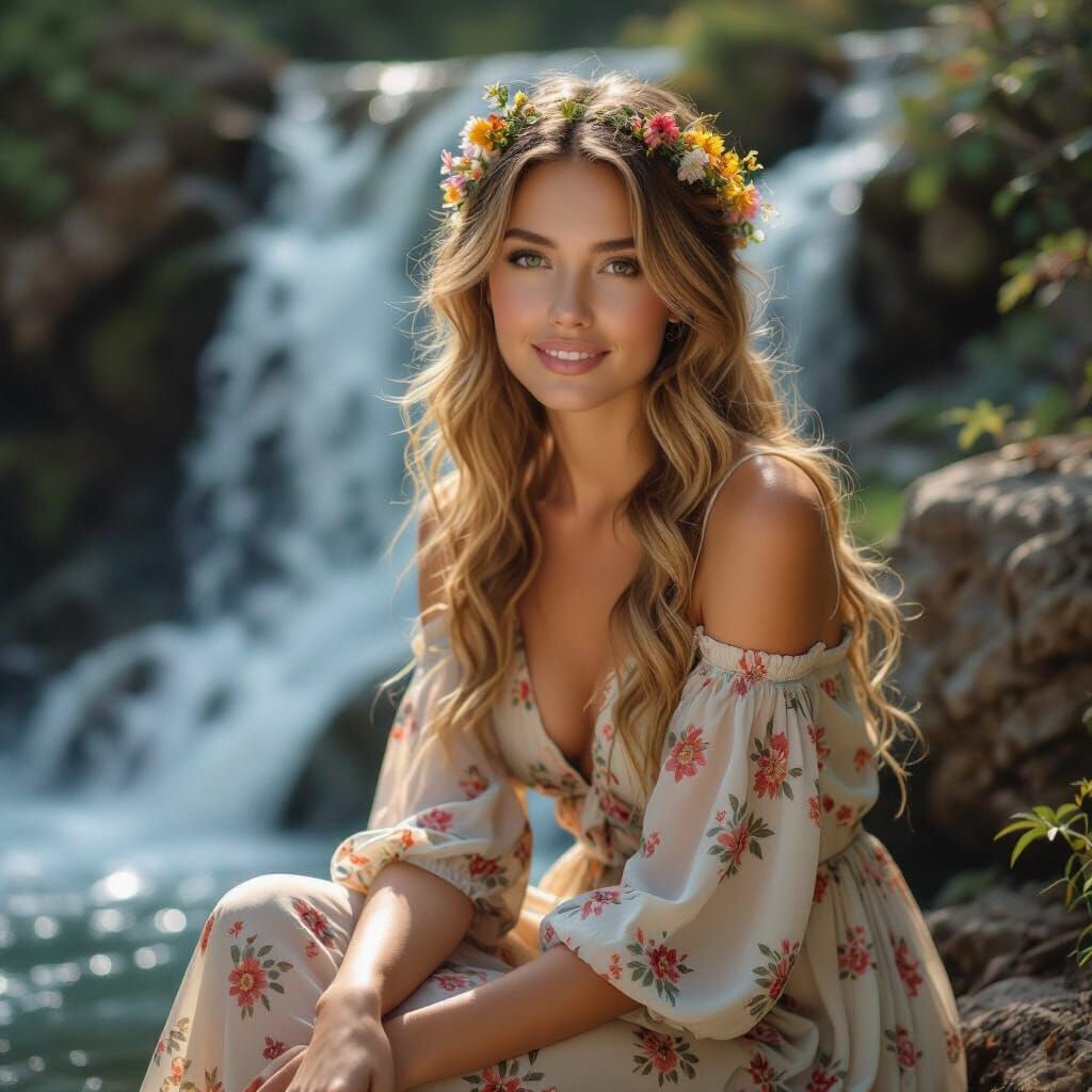 Woman with Flowers by Waterfall in Fine Art Style