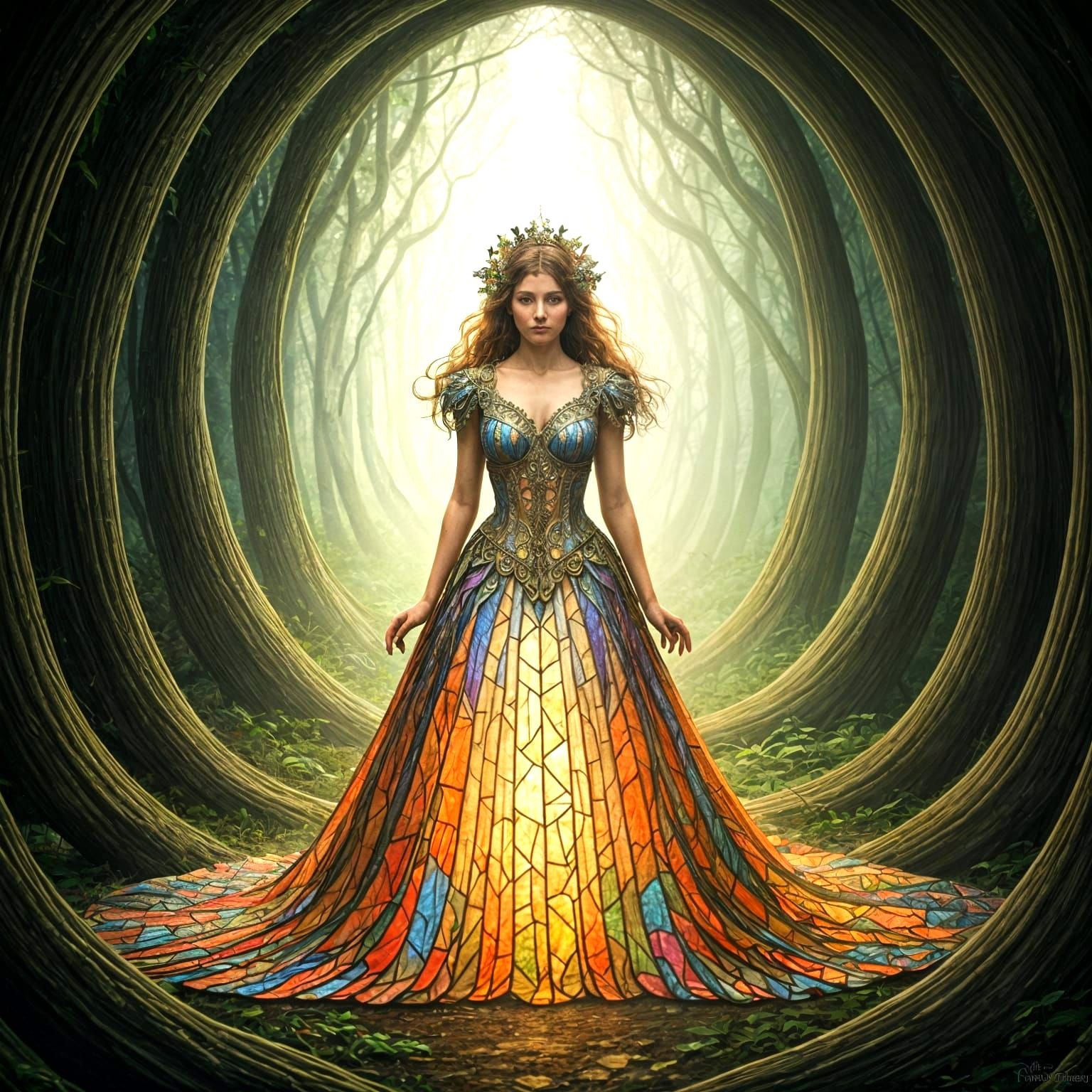 Woman in Stained Glass Dress in Enchanted Forest