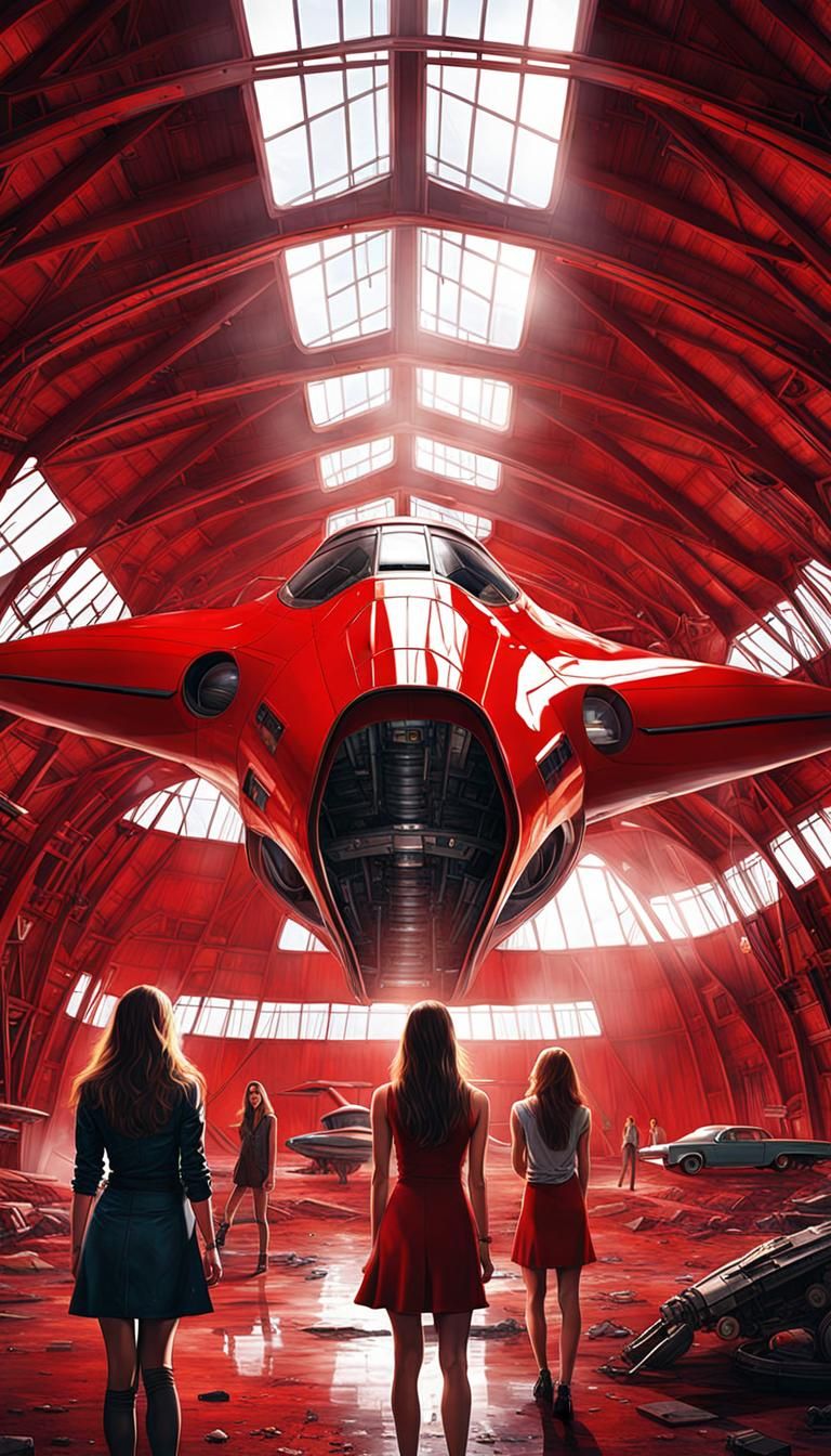 Futuristic Spaceship and Women in Dilapidated Barn