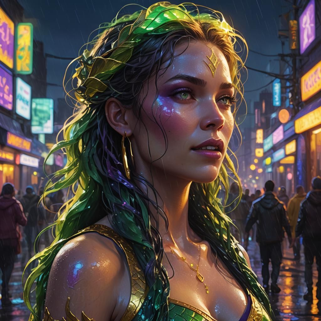Magical Siren Song in a Neon Cityscape