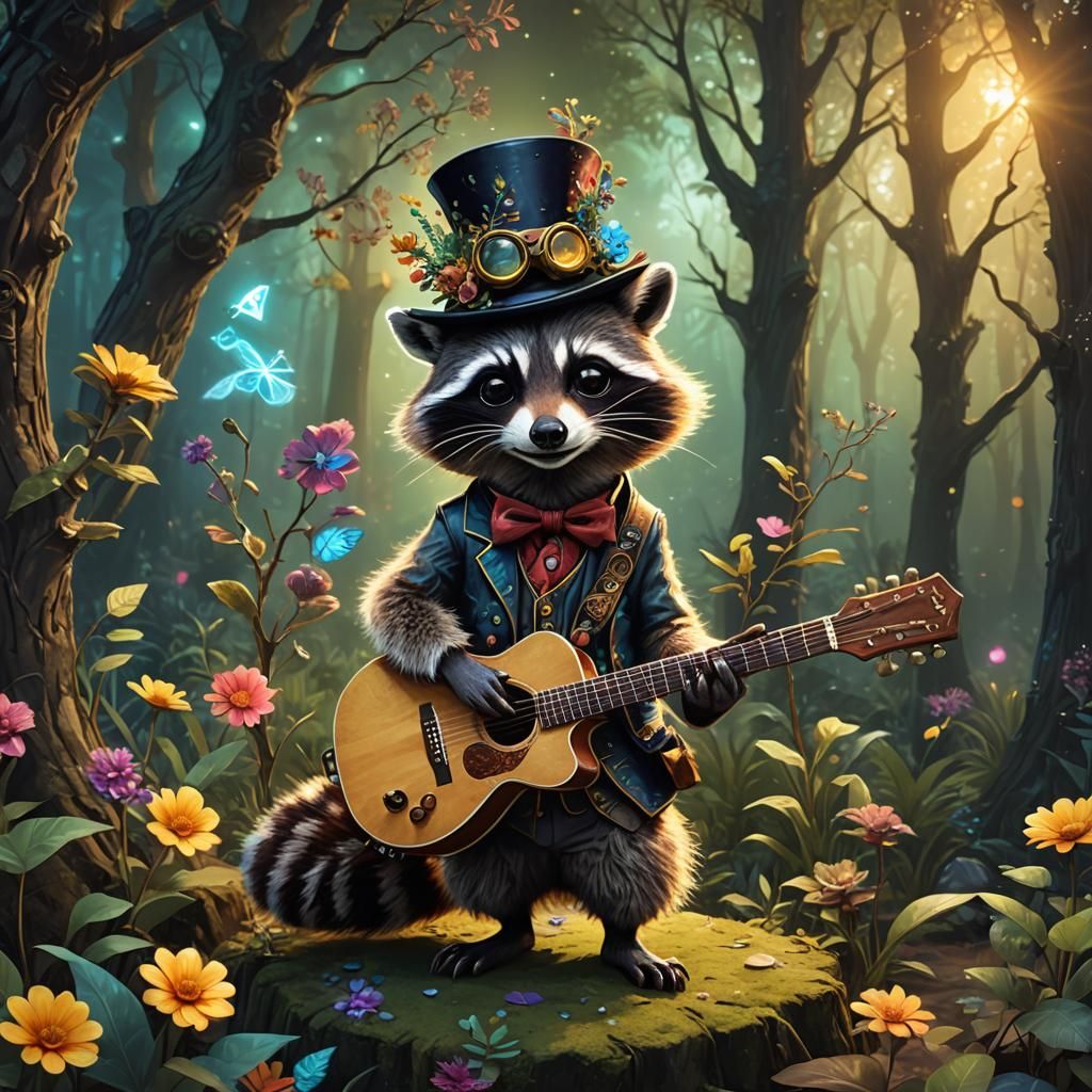Steampunk raccoon playing the guitar.