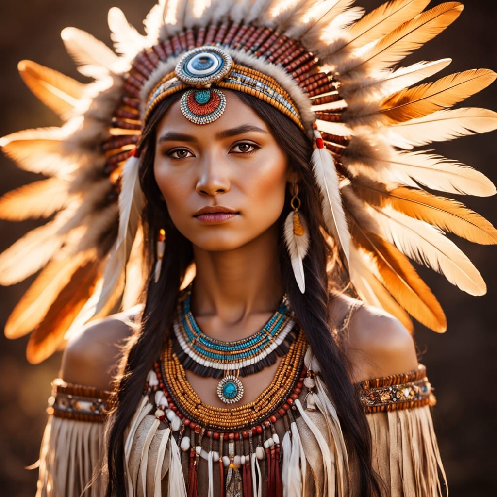 Confident Native American Woman in Traditional Regalia