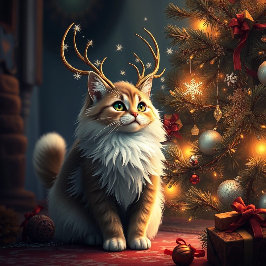 Majestic Fluffy Kitty with Antlers Stands Beside Ornate Chri...