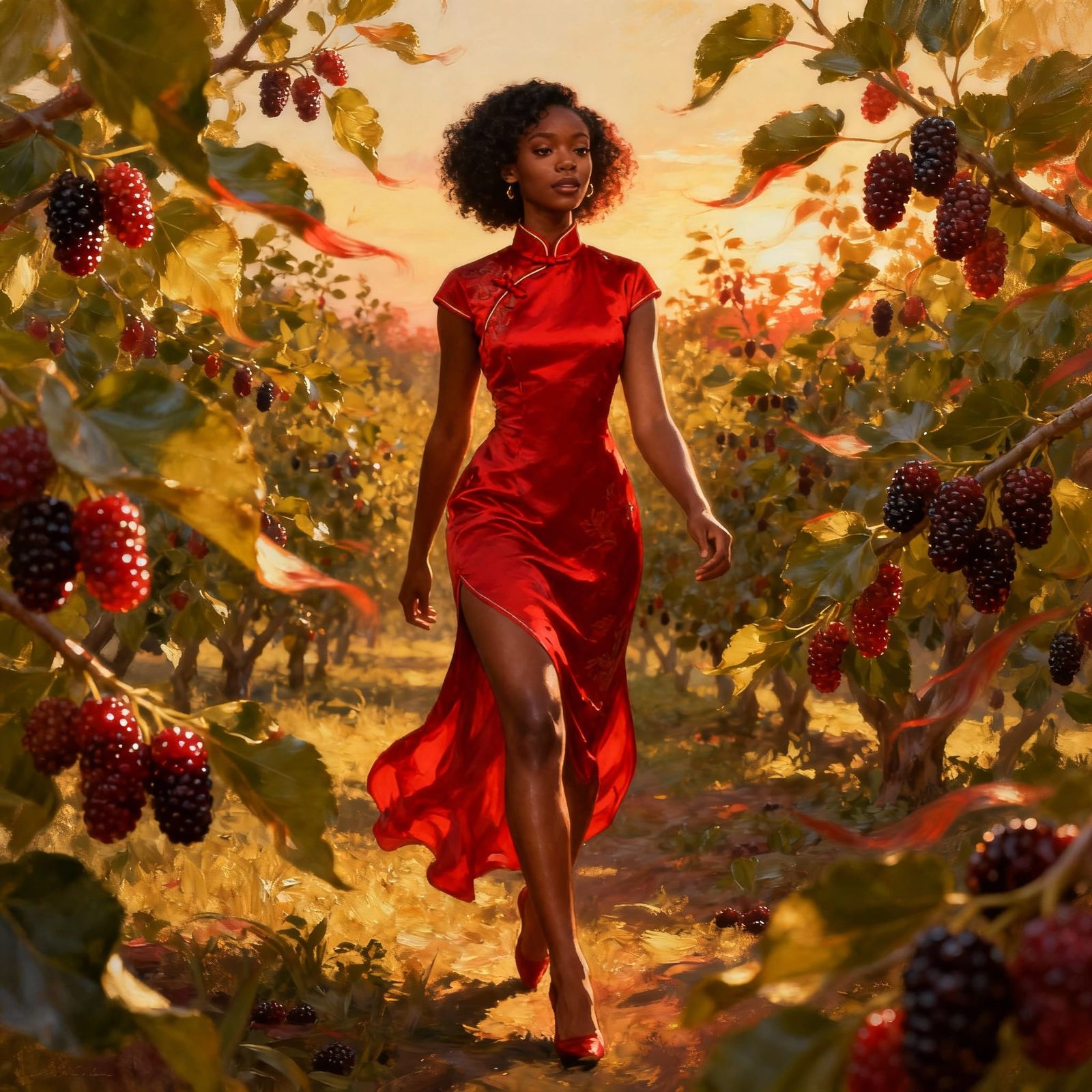 African-American Woman in Red Cheongsam in Mulberry Orchard