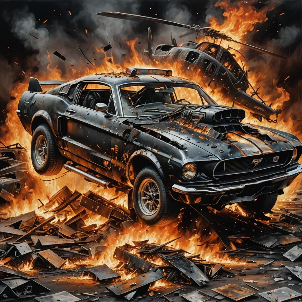Fiery Car Wreck: Explosive Surrealism in Dark Fantasy Style
