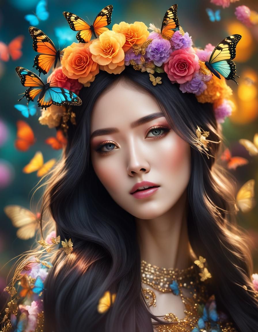 Ethereal Korean Woman with Floral Crown: Hyperrealistic Phot...