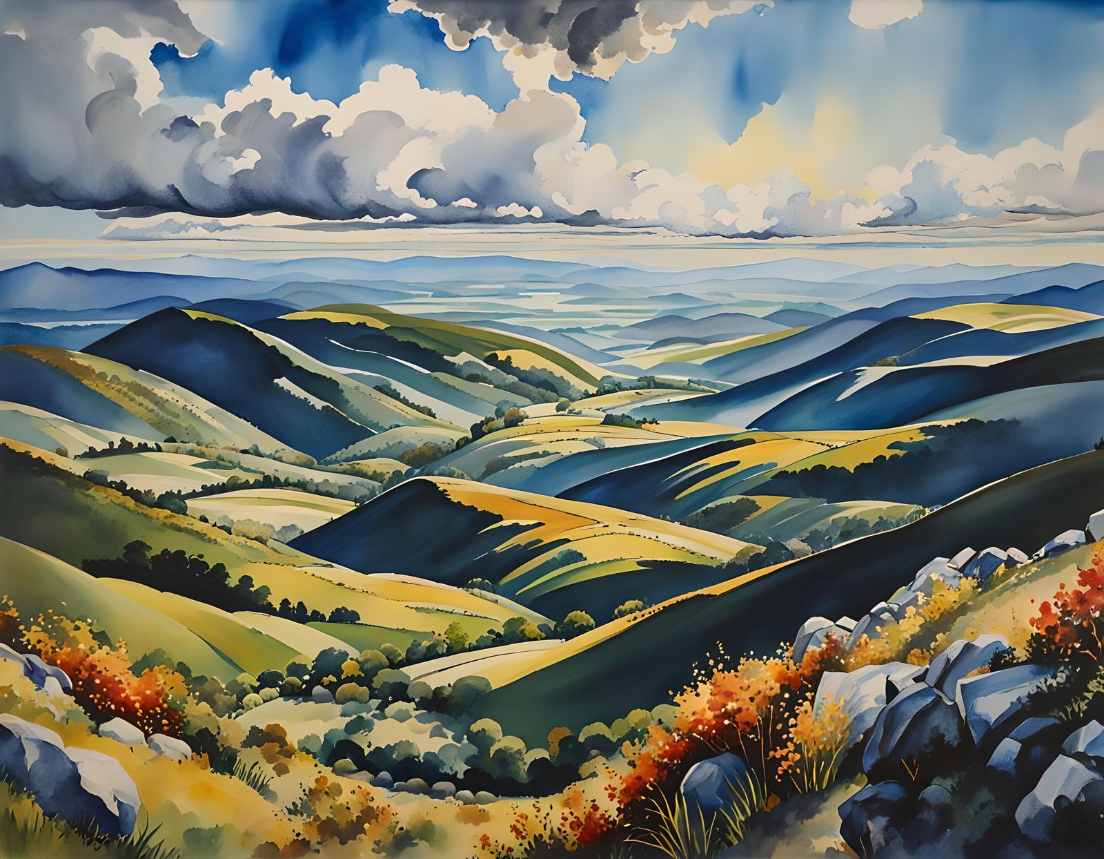 Watercolor Mountain View Over Undulating Landscape