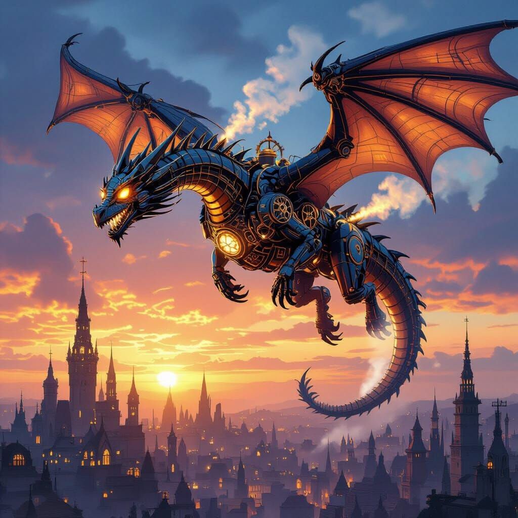 Clockwork Dragon Soaring Over Steampunk City