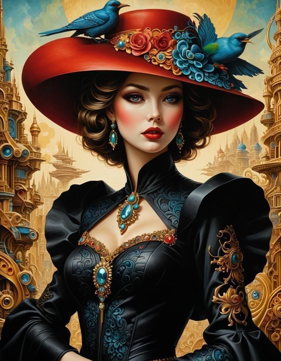Fashion Woman in a Hat with Birds, Lines and Colors