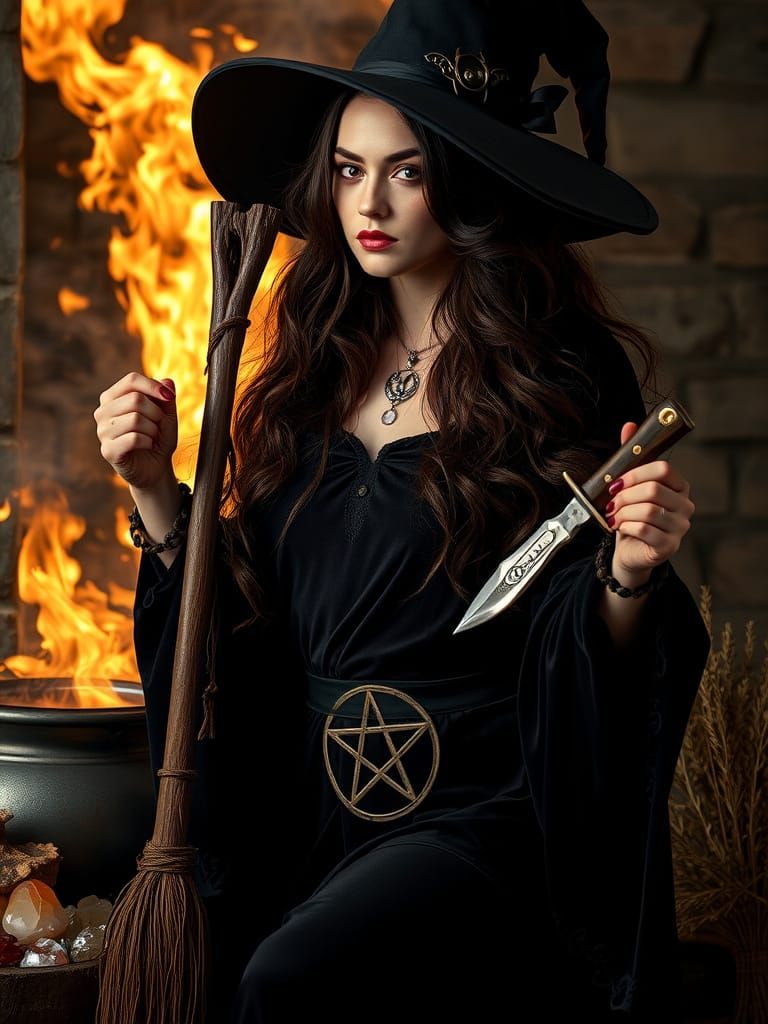 Enchantress in Dark Velvet Robe, Broomstick and Knife