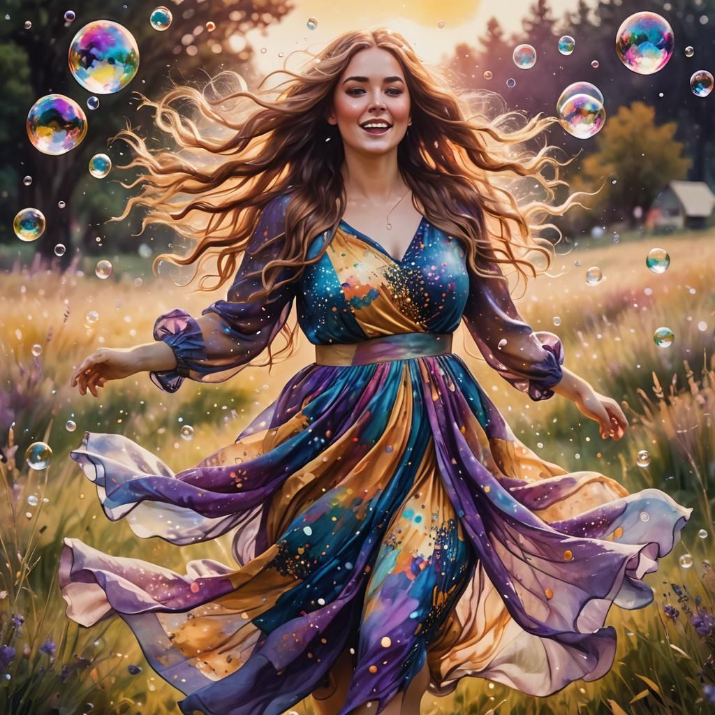 Fantasy Art: Plump Woman Running in Meadow