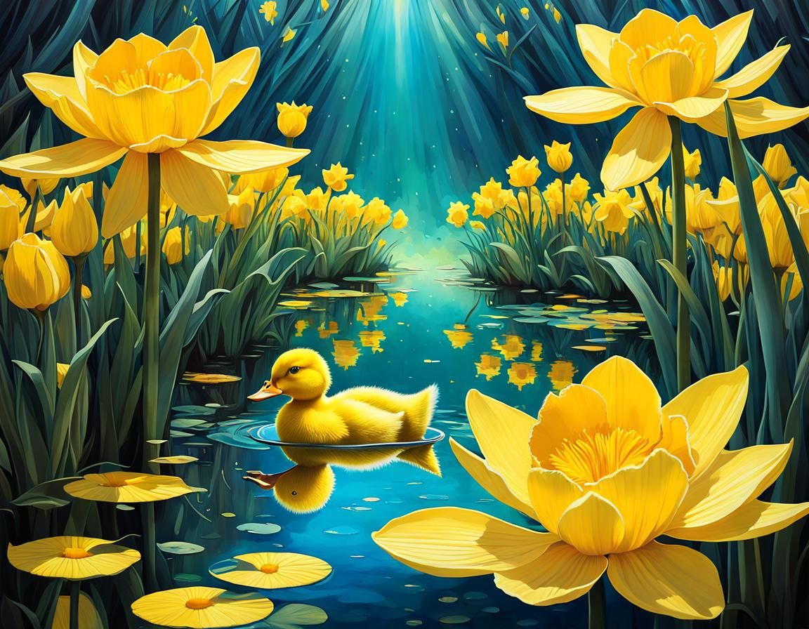 Ducklings in Daffodils: Whimsical Watercolor Illustration