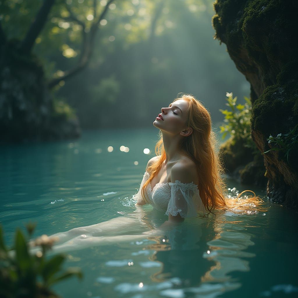 Ethereal Goddess Bathes in Moonlit Twilight Lake