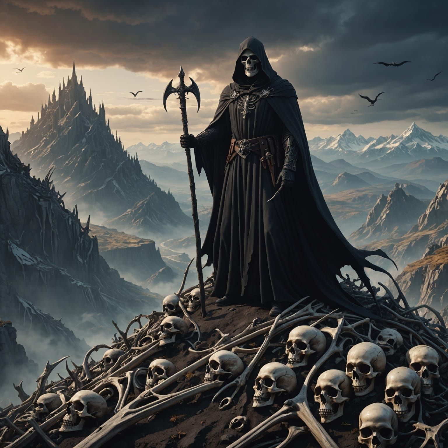 Grim Reaper on Mountain of Bones: Detailed Matte Painting