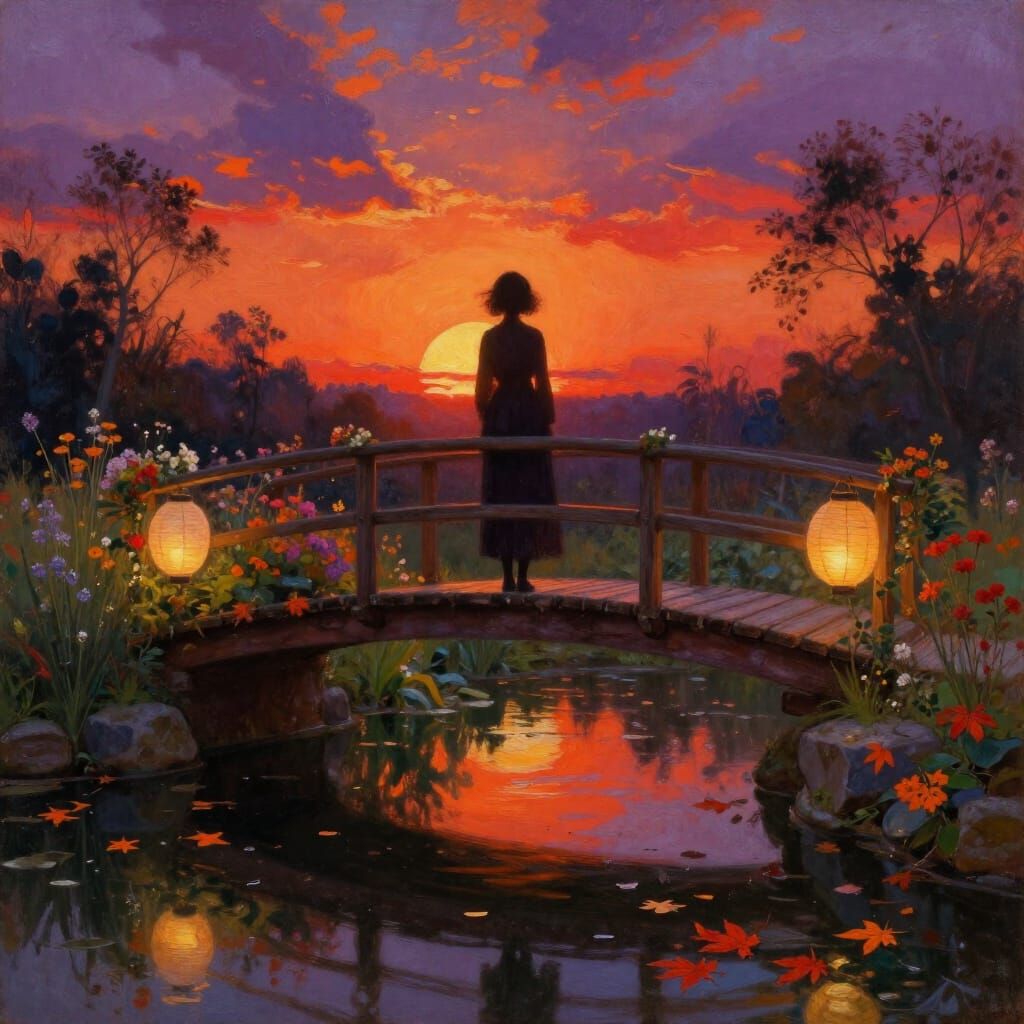 Garden Bridge at Sunset with Wildflowers and Lanterns