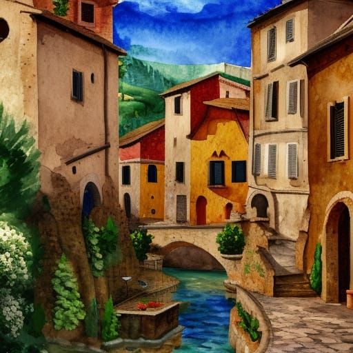 Medieval Italian Village in Gouache Style