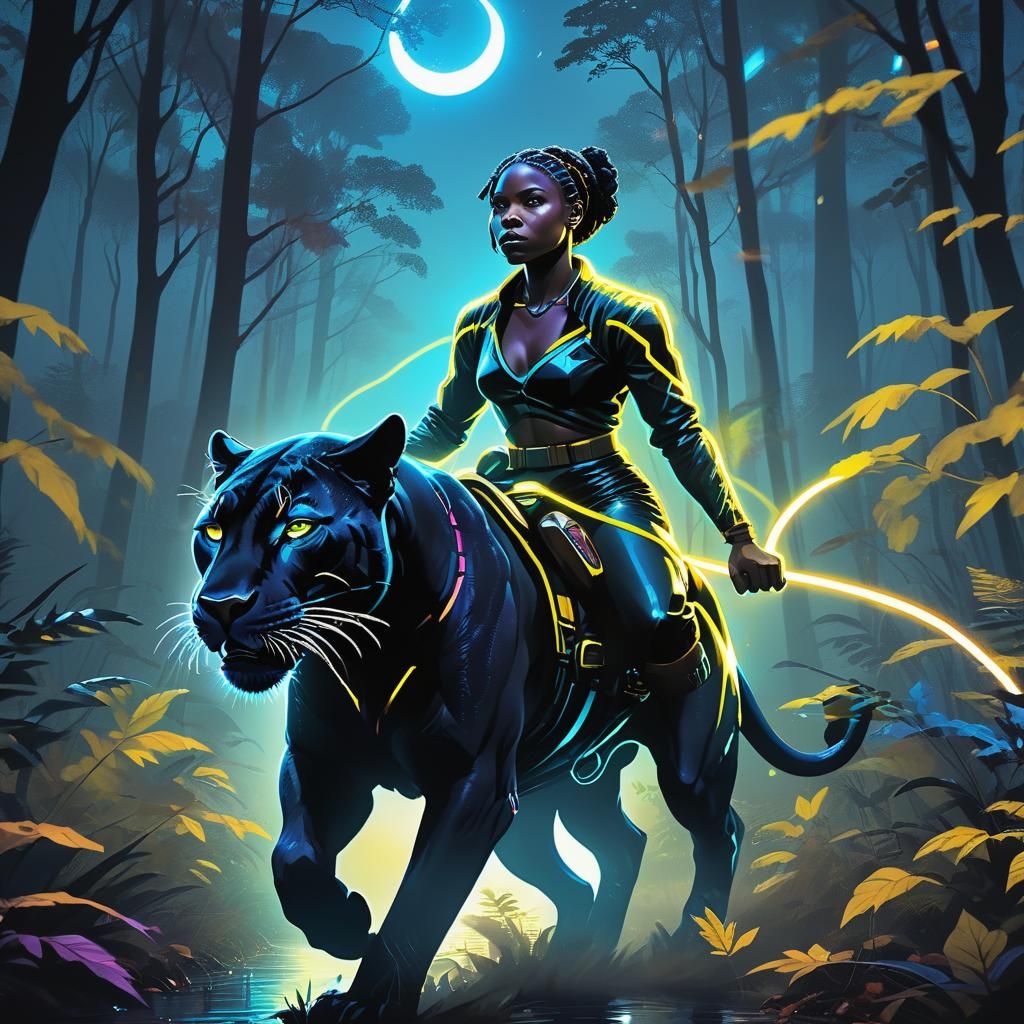 Harriet Tubman Rides Neon Panther in Synthwave Forest