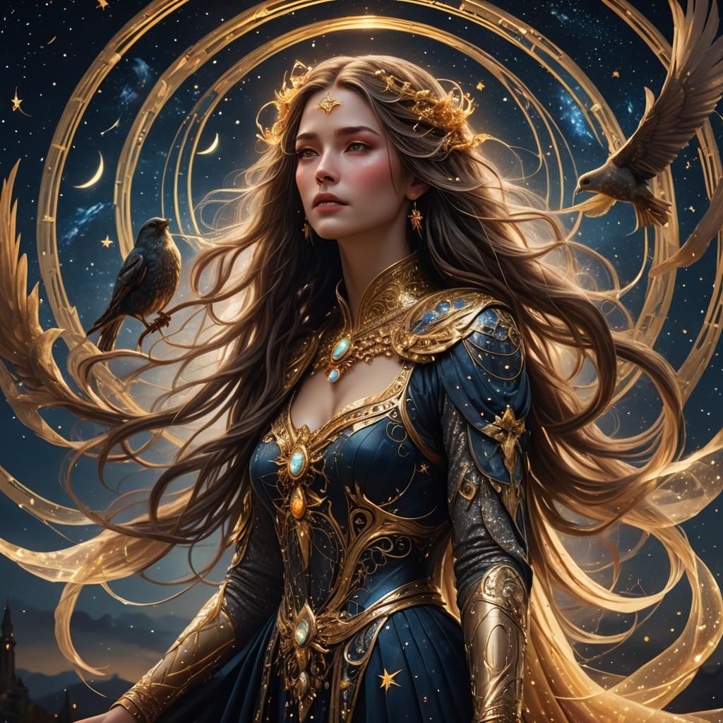 Majestic Woman with Golden Rings in Starry Sky