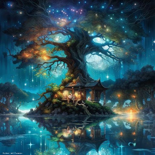 Magic Ancient Tree Mirrored in Starry Lake