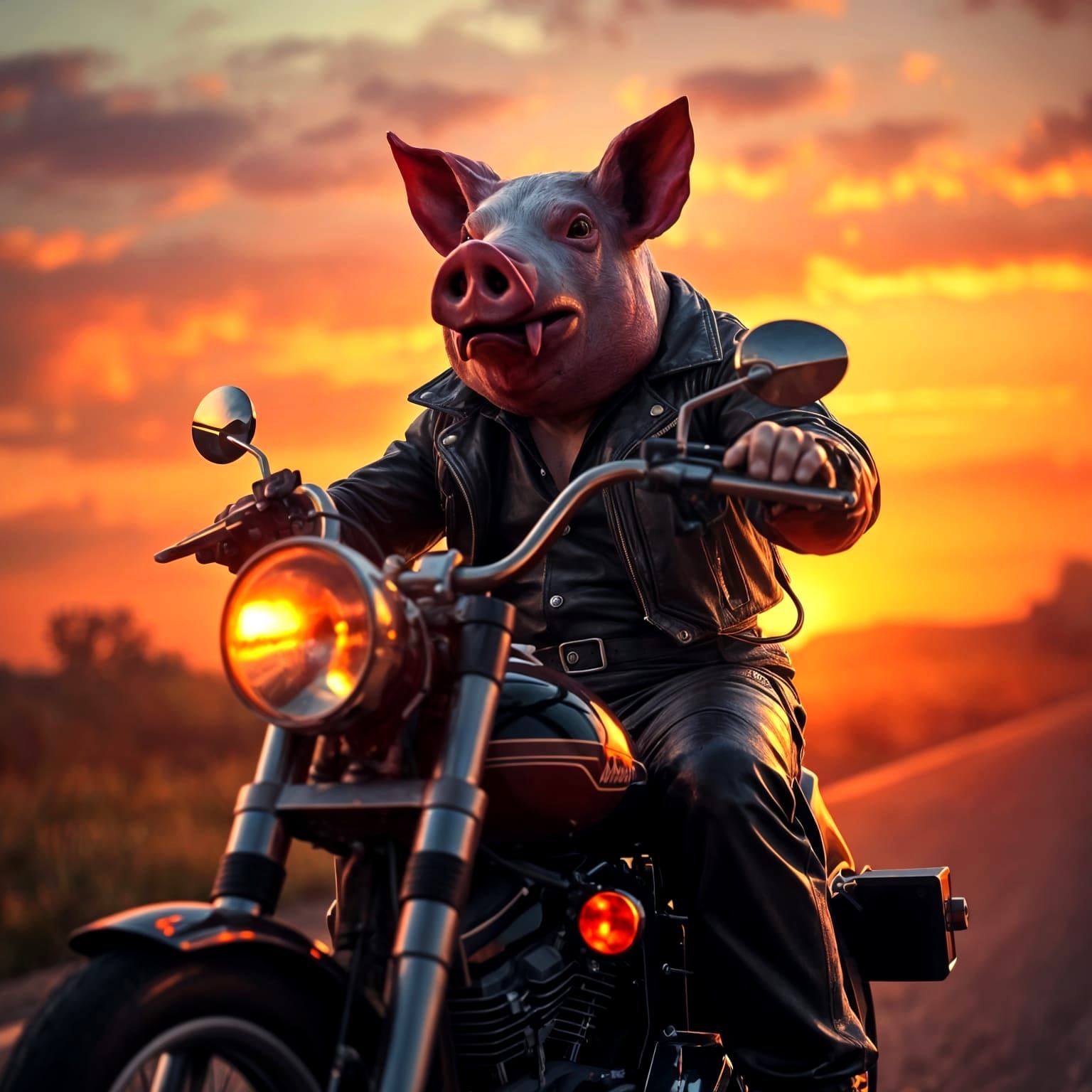 Pig-Headed Man Rides Harley at Sunset