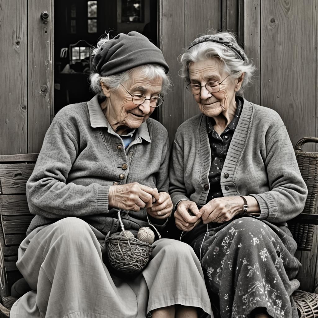 Grannies Knitting and Chatting in Front of House
