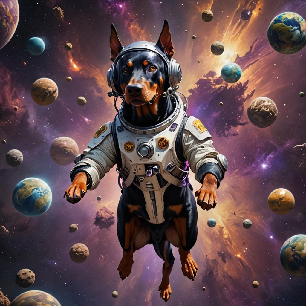Doberman in Space Helmet, Dark Fantasy Art