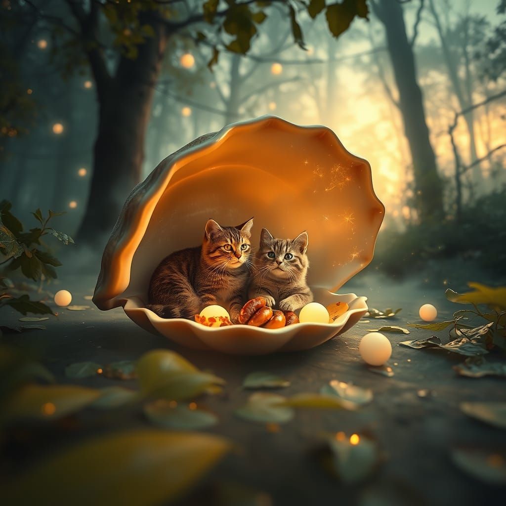Cats' Dinner in Seashell, Oil Painting Style