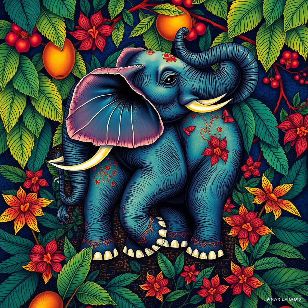 Prismatic Pattachitra Elephant Dance Amidst Tropical Blooms