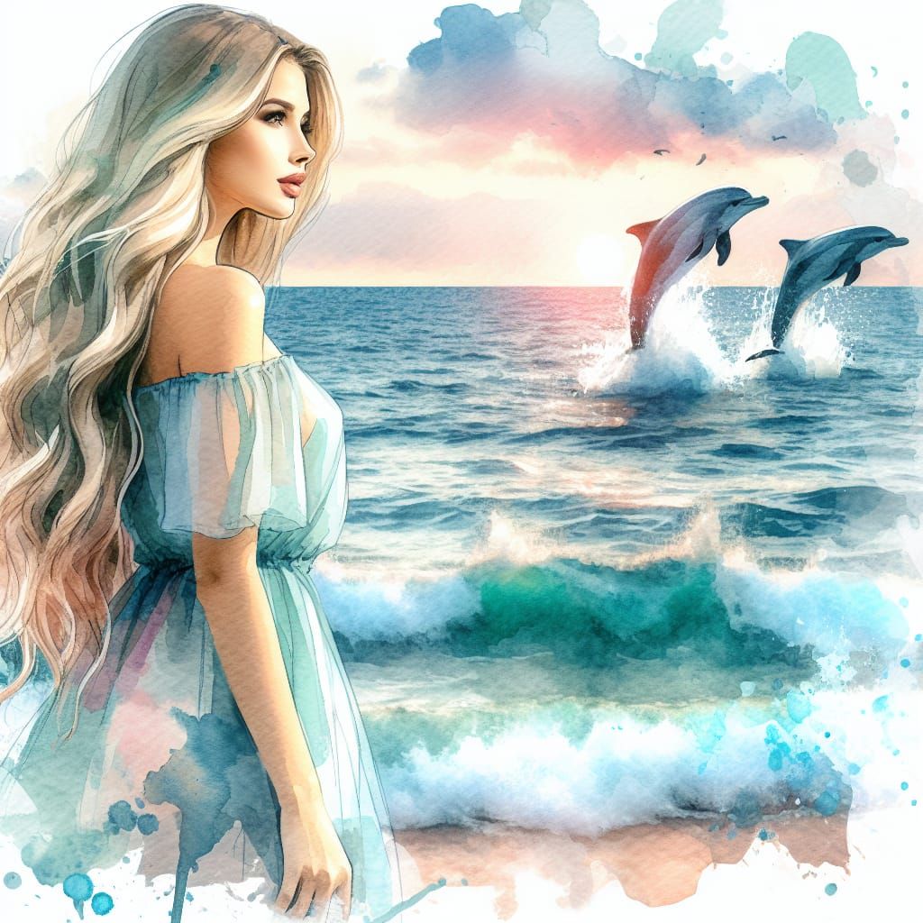 Watercolor Woman Watching Dolphins at Ocean's Edge