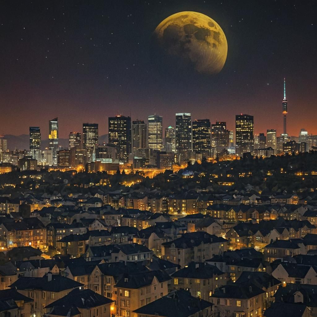 Ethereal Super Moon Over Illuminated Cityscape