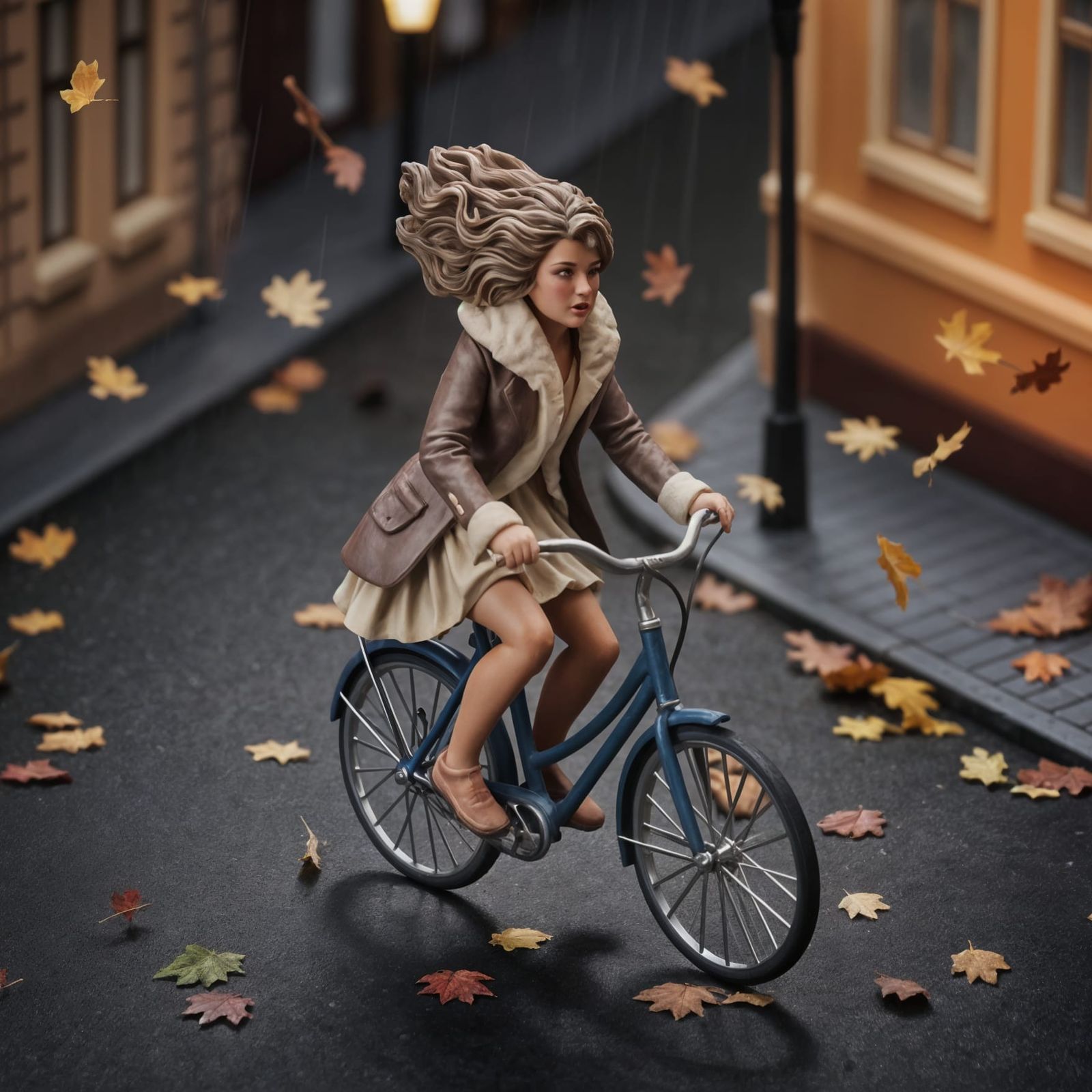 Woman on Bicycle in Autumn Storm Miniature Scene
