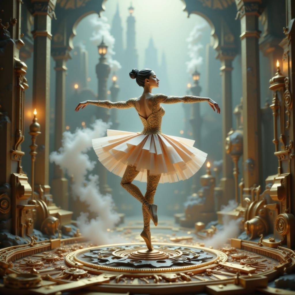 Ballerina on Clockwork Stage in Steampunk City