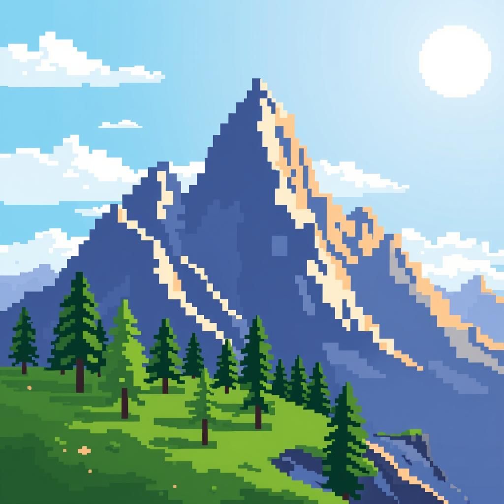 Pixelated Landscape with Mountains and Bright Sky