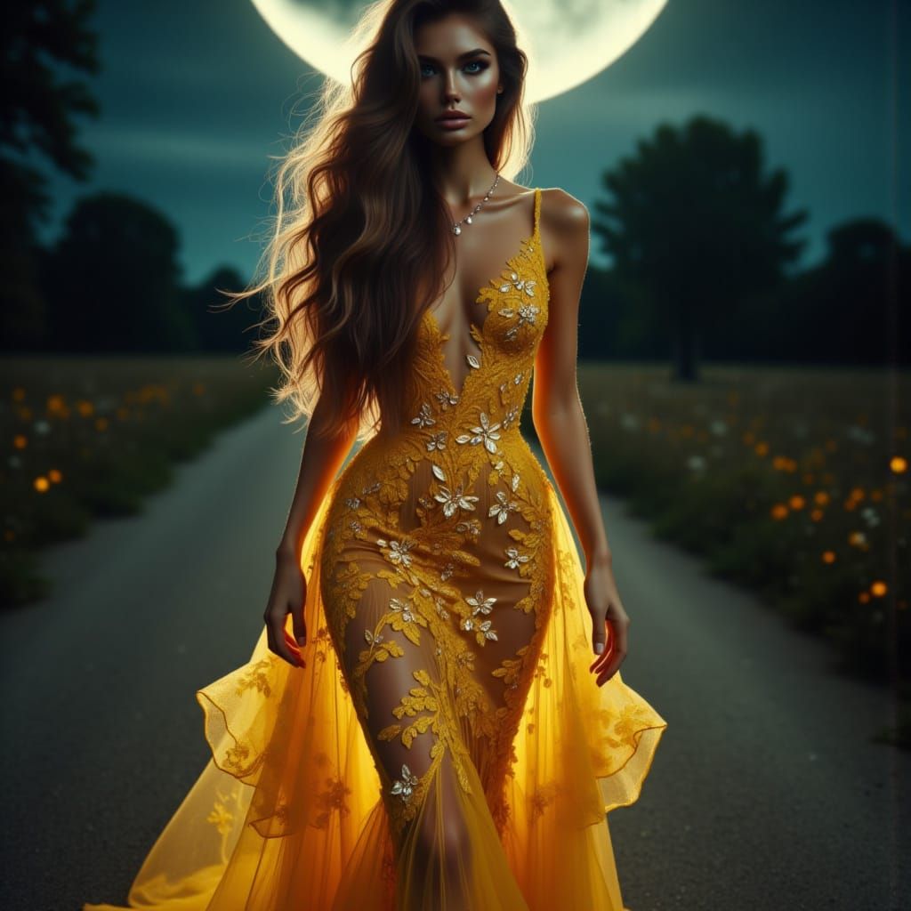 Ethereal Nighttime Portrait of a Young Woman in a Bright Yel...