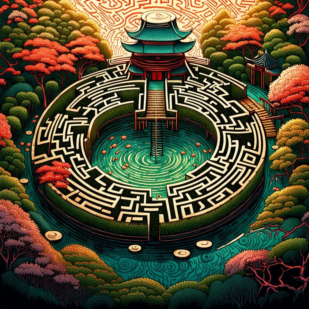 Dreamlike Japanese Maze Garden Illustration