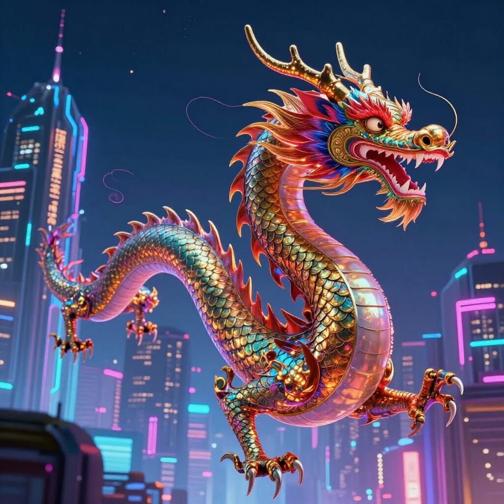 Chinese Dragon Soars Through Neon Futuristic City
