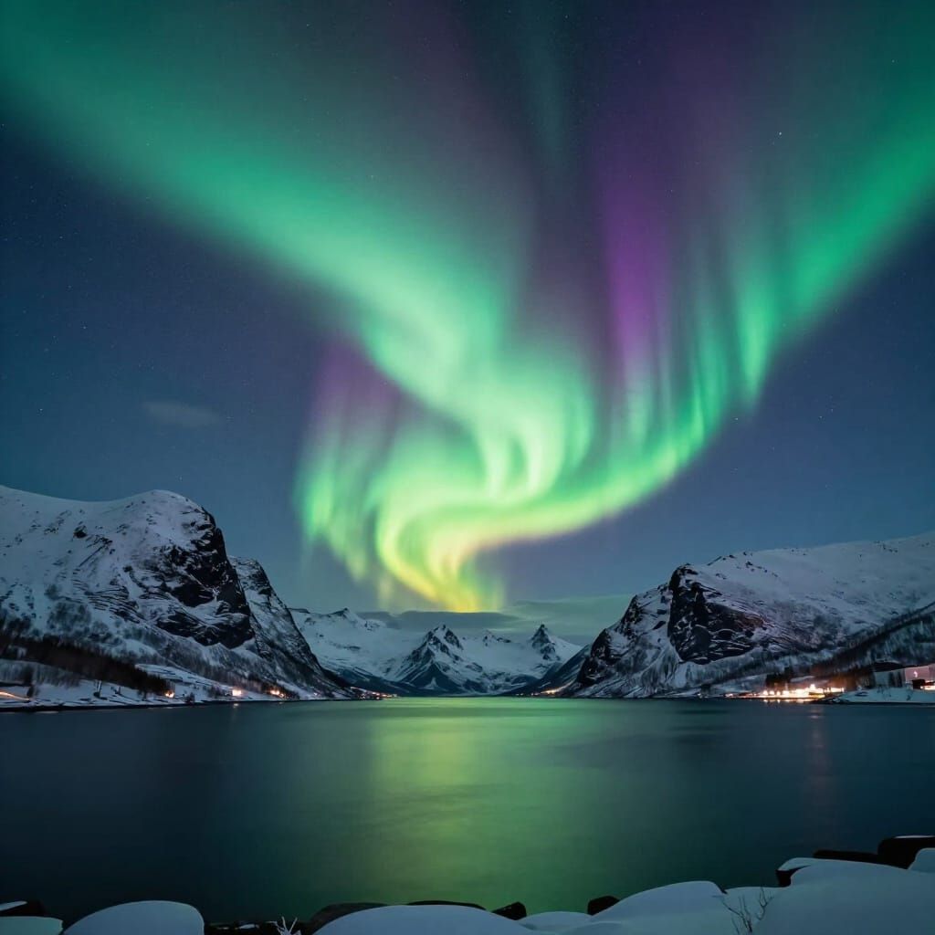 Aurora Borealis Over Norwegian Fjord in Vibrant Colors