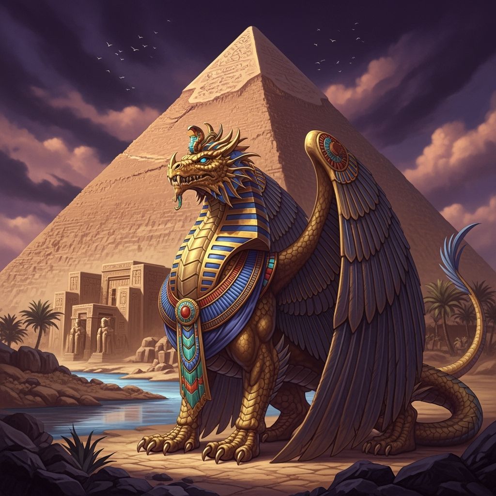 Golden Egyptian Dragon Before Pyramid in Dark Fantasy Style