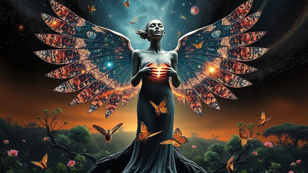 Sculptural Woman with Iridescent Wings in Forest