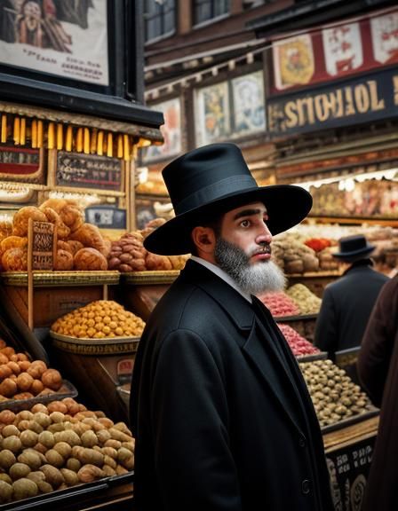 Hasidic Man in Crowded Market: Hyperrealistic Concept Art