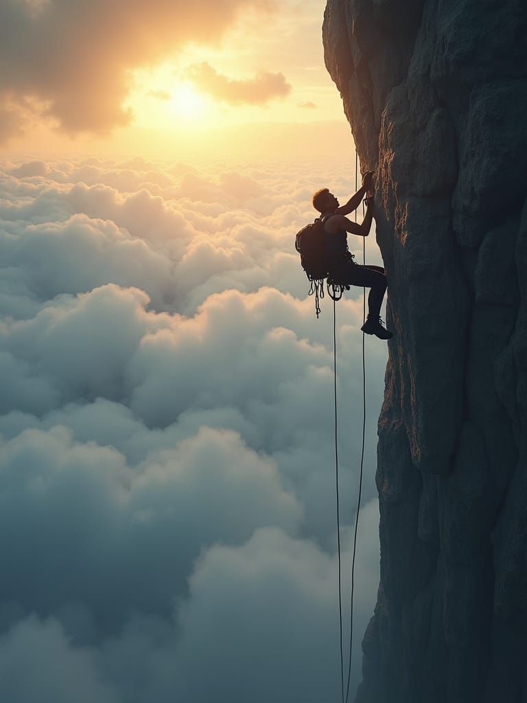 Climber Suspended Above Stormy Sea of Clouds