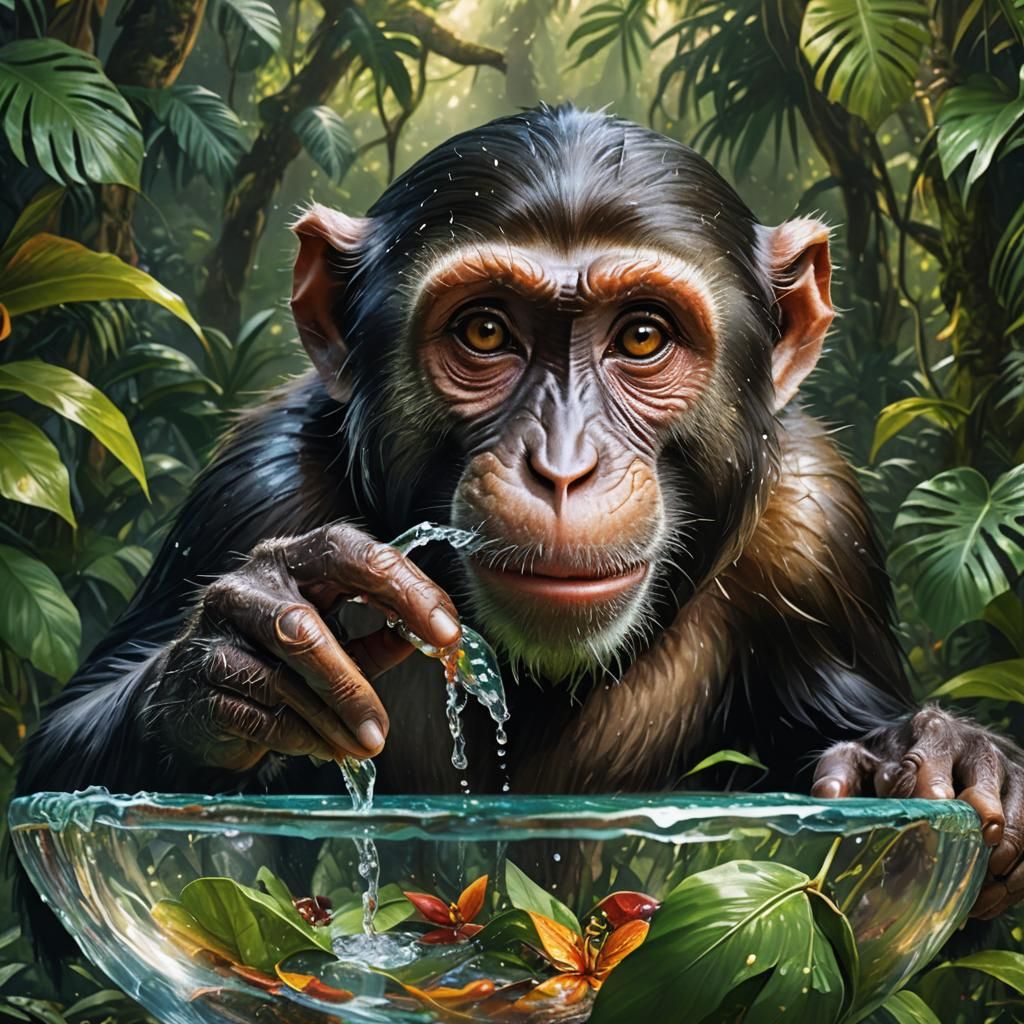 Monkey Drinking Water in Jungle: Hyperrealistic Concept Art