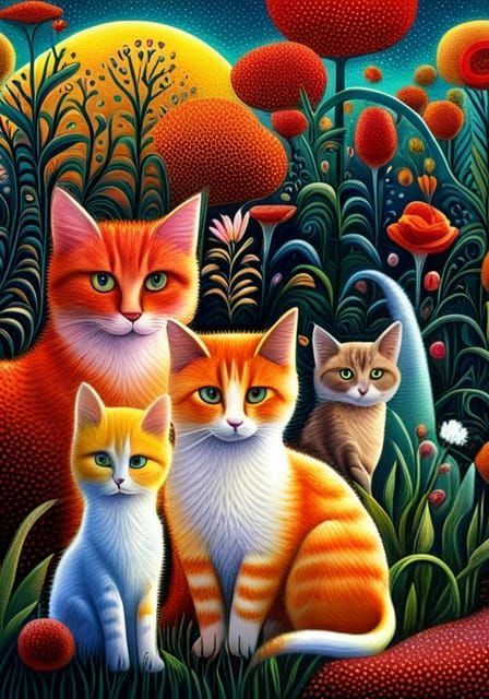 Whimsical Orange Cat in Pointillist Spring Garden