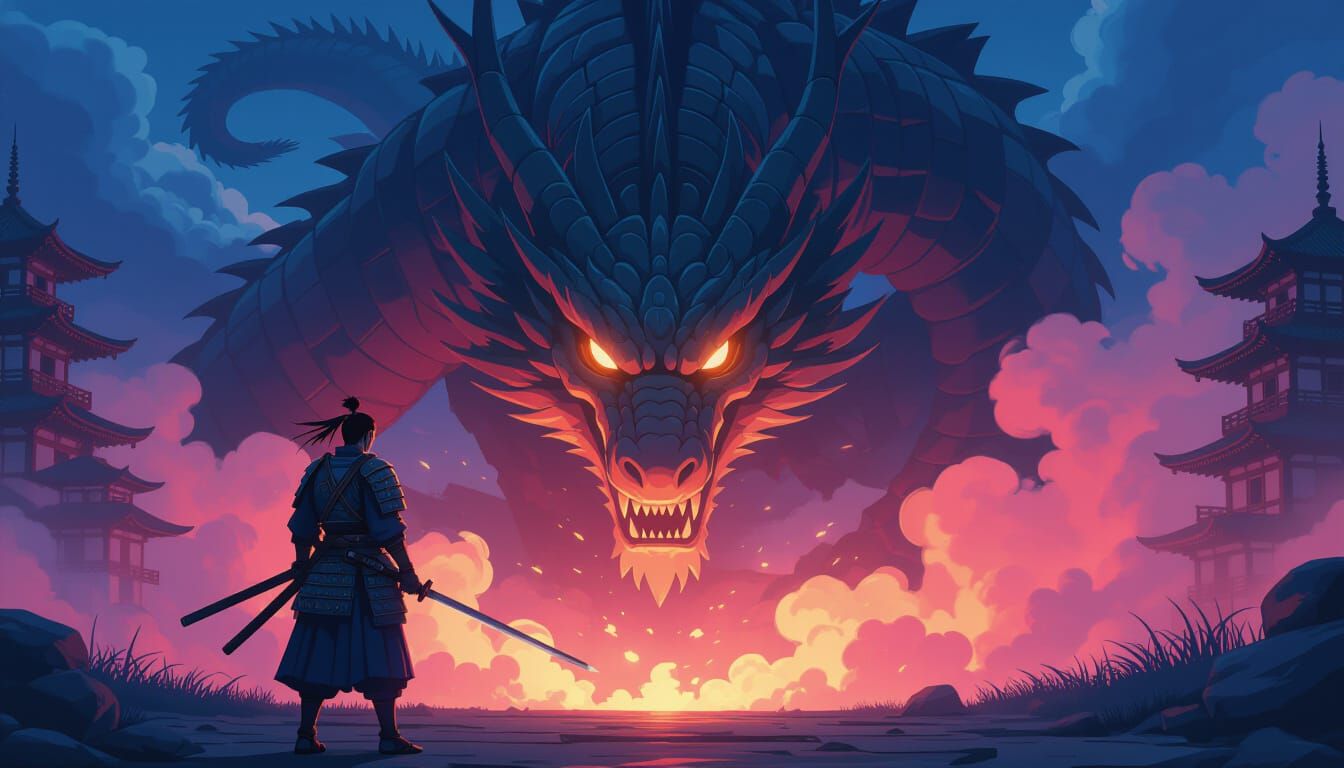 Samurai Confronts Mechanical Dragon in Anime Style
