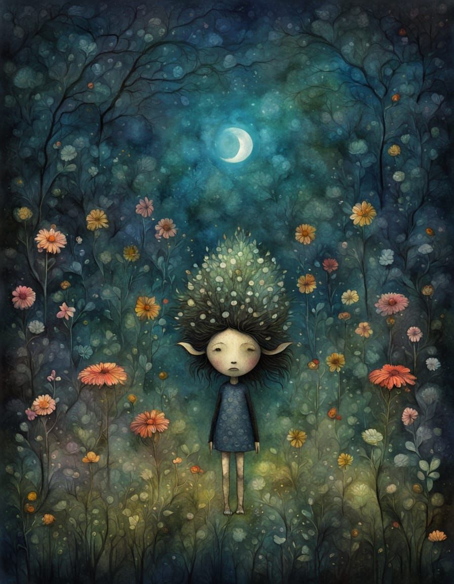 Flower Troll in Night Garden, Gouache Style