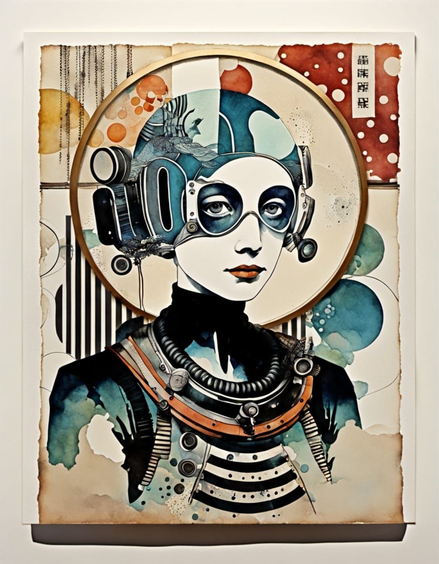 Ukiyo-e Diver Collage with Abstract Elements