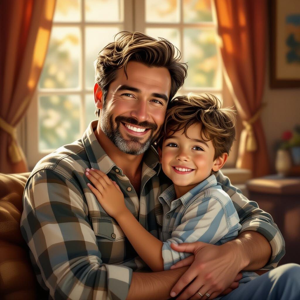 Father and Son Embrace in Warm, Luminist Lighting